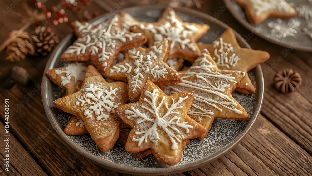 Fototapeta premium Festive Star-shaped Christmas Cookies on Rustic Wooden Surface Display