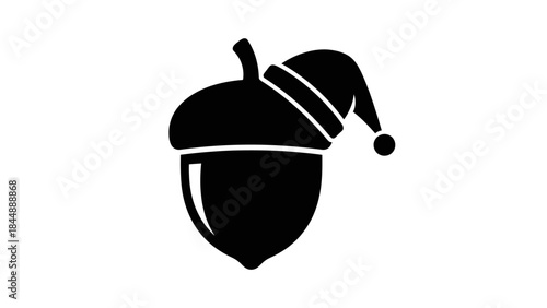 Black silhouette of an acorn wearing a jester's hat on a white background.