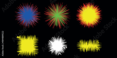 Colorful abstract explosion burst set featuring vibrant radial starburst shapes and dynamic sound wave forms on dark background,