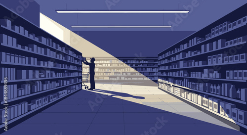 A solitary shopper stands in a dimly lit store aisle, reaching for a product on a towering shelf under a focused beam of light, symbolizing choice and discovery.