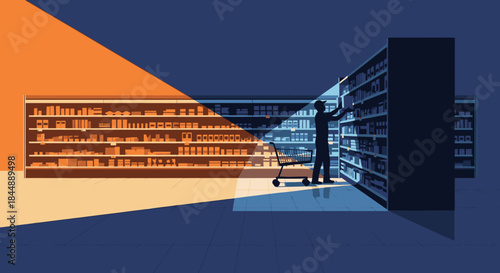 A stylized illustration captures a person with a shopping cart in a grocery store, carefully selecting items from shelves under dramatic lighting.