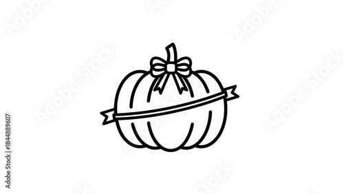A simple black line drawing of a pumpkin with a bow and banner on a white background.