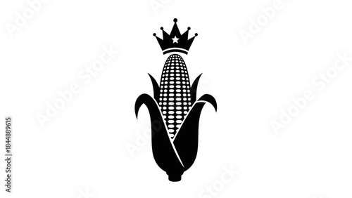 Black silhouette of an ear of corn wearing a crown on a white background.