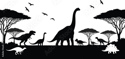 Prehistoric dinosaur silhouettes in natural landscape with trees, flying birds and diverse species, detailed Jurassic wildlife vector illustration for educational and creative design