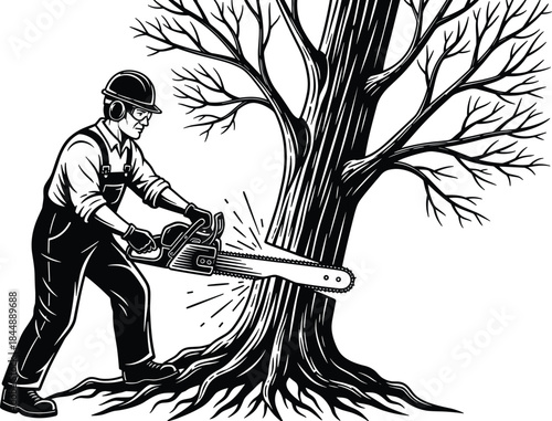Professional arborist cutting large tree with chainsaw, wearing safety gear, creating wood chips, detailed forestry worker silhouette illustration for logging, timber cutting, arboriculture,