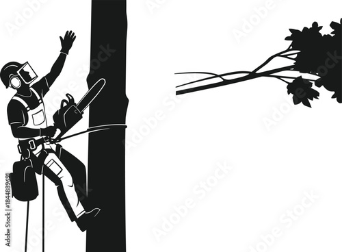 Professional arborist cutting tree branches with safety gear, climbing equipment, chainsaw, silhouette worker illustration for forestry service, tree maintenance vector design, black and white artwork