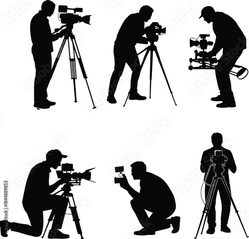Professional cameraman silhouettes filming with video cameras, photographers working on tripod, media production crew, cinematography concept, film recording, vector illustration set, black silhouette