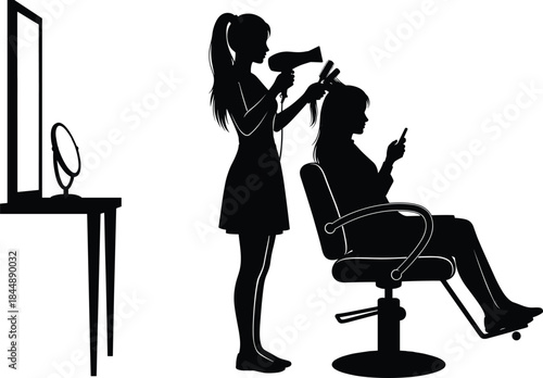 Professional hairdresser styling client hair in beauty salon, hairstylist with blow dryer and brush, modern hair care service vector illustration for salon branding and marketing