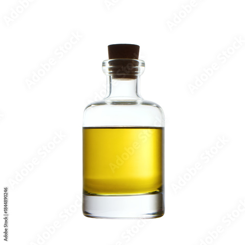 A small clear glass bottle with a cork stopper, filled with a golden yellow liquid, on a white background, suitable for various cosmetic or culinary uses