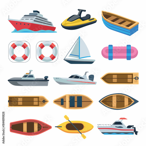 Boats ships yachts cruise jet ski sailboat kayak canoe and life preservers vector illustration set design