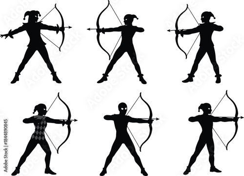 Archer silhouettes, bow and arrow pose, warrior stance, dark figure, combat style, medieval archer, battle posture, hunting theme, skilled marksman, tactical aim, heroic shadow, action design