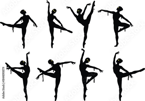 Ballerina silhouette illustration, glowing eye design, spooky dance pose, black vector graphic, eerie ballet theme, artistic concept, fantasy style, dripping costume detail, Halloween mood