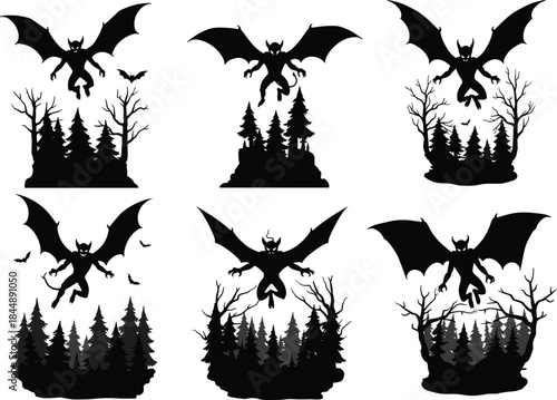 Black cat witch illustration, Halloween costume set, broomstick pose design, purple hat detail, spooky character theme, cartoon style, festive graphic, fantasy concept, vector art