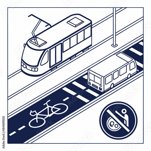 Isometric City Transportation with Bike Lane and No Pedestrian Sign tram