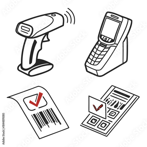 Barcode Scanner Mobile Phone and Tickets with Checkmarks Keywords: barcode scanner, mobile phone