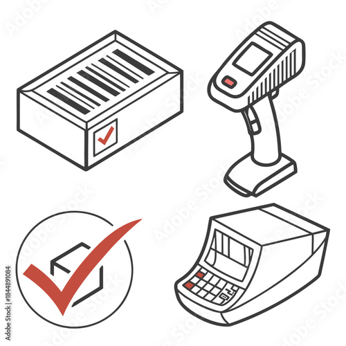 Barcode Scanner Box and Payment Terminal with Checkmarks Keywords: barcode scanner, box, package