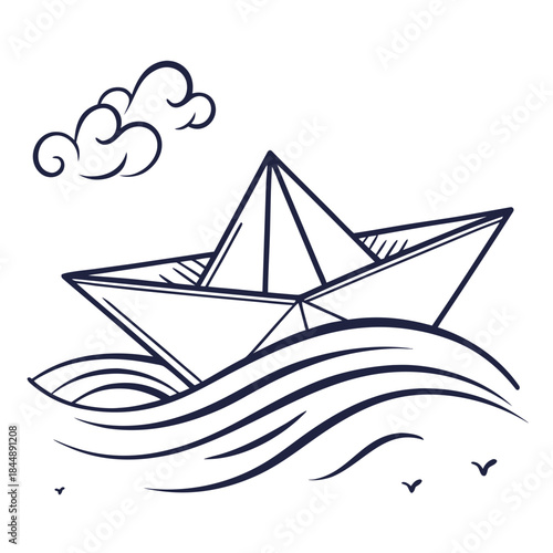 Paper boat floating on wavy water with a cloud and birds origami boat ship