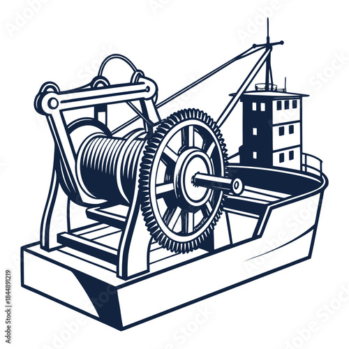 Stylized Illustration of a Fishing Boat Winch and Crane fishing gear marine equipment