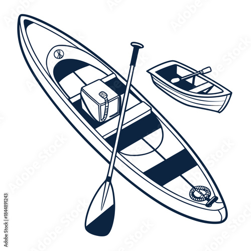 Kayak and Rowboat with Paddle and Cooler Illustration canoe