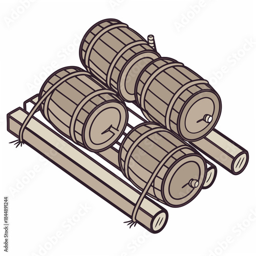Log Raft with Multiple Barrels Illustration wooden barrels wood