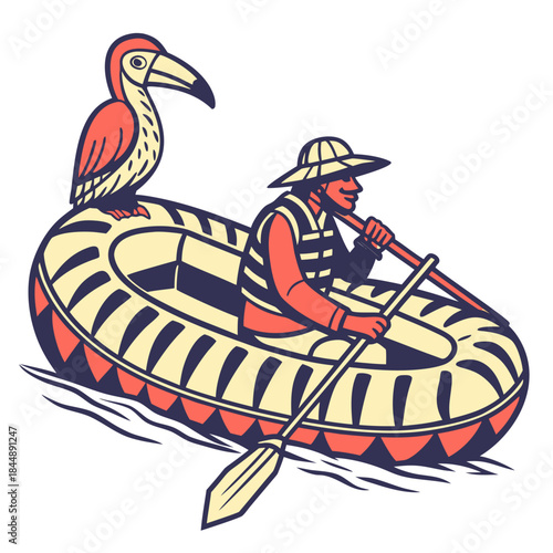 Man in Raft with Bird Companion Paddling on Water inflatable boat person