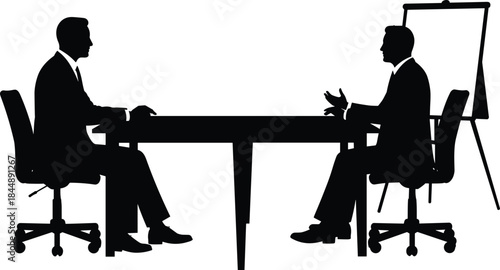 Business meeting silhouette, formal discussion, black and white, interview scene, office chairs, corporate interaction, flip chart, professional attire, seated figures, negotiation icon
