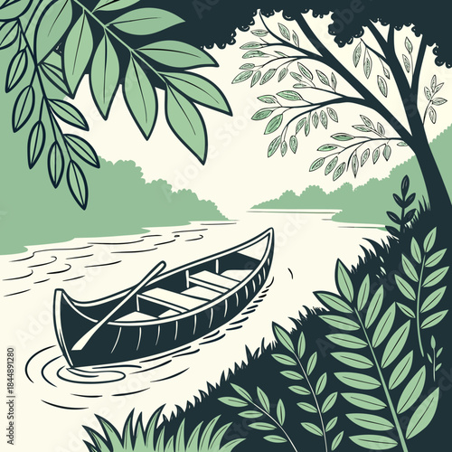 Canoe Floating on River with Lush Green Foliage and Trees water boat