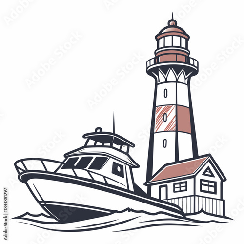 Lighthouse and boat on a white background Keywords: lighthouse, boat, ship, nautical, maritime