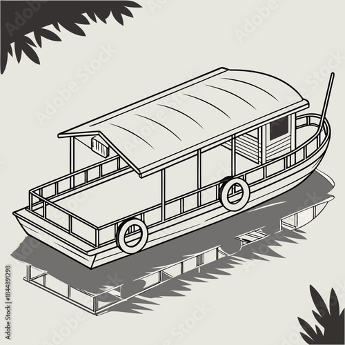 Isometric Line Art of a Traditional Passenger Boat with Shadow Detail watercraft