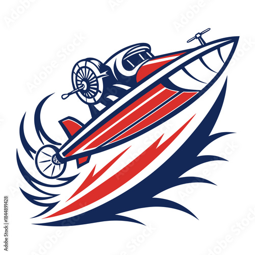 Red and Blue Speedboat Leaping from Water with Dynamic Splash racing boat motorboat