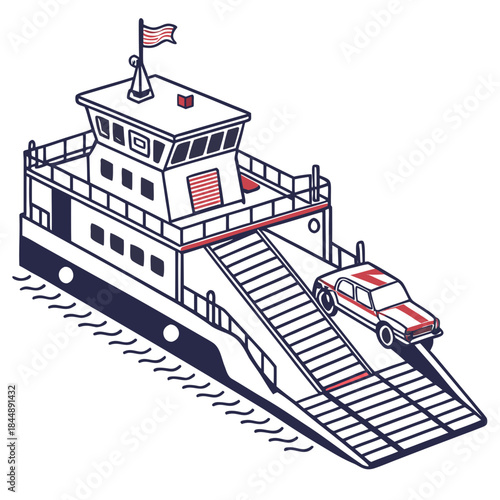 Car Ferry with Ramp and Vehicle on Water boat ship
