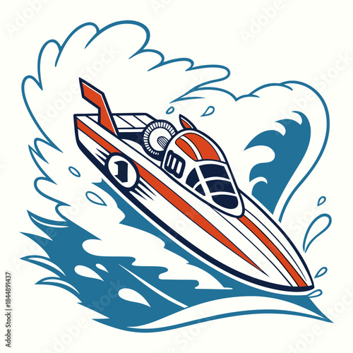 Speedboat Racing Through Waves with Red and White Stripes racing boat motorboat