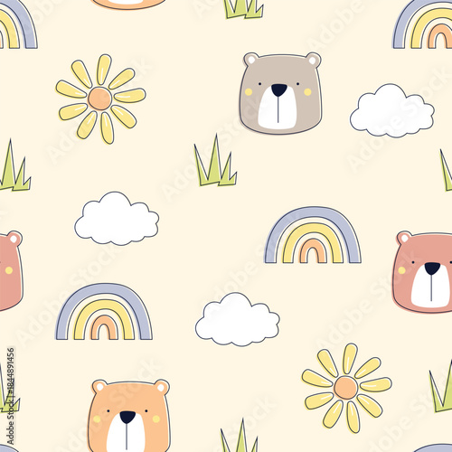 Cute seamless pattern with teddy bears, rainbows, flowers, clouds, and grass in soft pastel colors. Playful vector illustration for kids, nursery decor, baby products, and textile designs