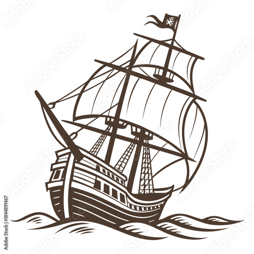 Vintage Sailing Ship with Full Sails on Wavy Water boat vessel