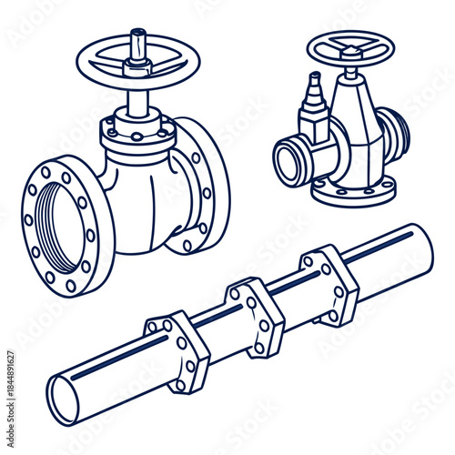 Industrial Pipe Valves and Flanges Line Art Set illustration 1smooth