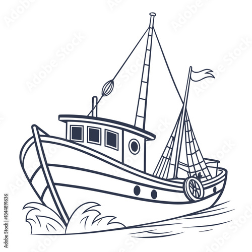 Cartoon fishing trawler boat sailing through waves Keywords: fishing boat, trawler, boat, ship