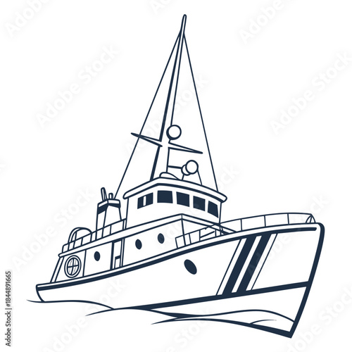 Fishing trawler boat sailing on stylized waves outline art fishing boat vessel