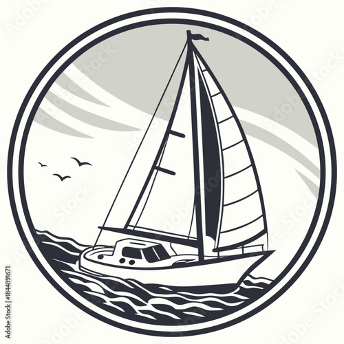 Sailboat in circular emblem with birds and waves yacht watercraft