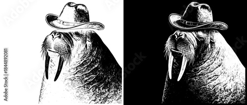 Vintage Walrus in Cowboy Hat Engraving, Inverted Black White Xerography Vector on Transparent Background