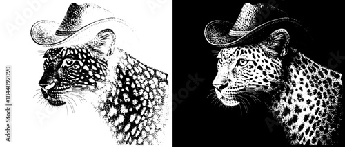 Vintage Leopard in Cowboy Hat Engraving, Inverted Black White Xerography Vector on Transparent Background