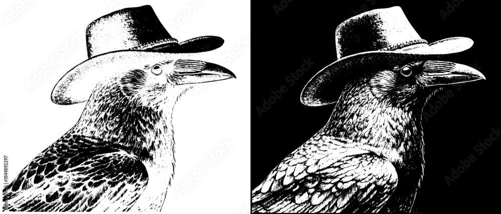 Obraz premium Vintage Raven in Cowboy Hat Engraving, Inverted Black White Xerography Vector on Transparent Background
