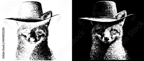 Vintage Fox in Cowboy Hat Engraving, Inverted Black White Xerography Vector on Transparent Background