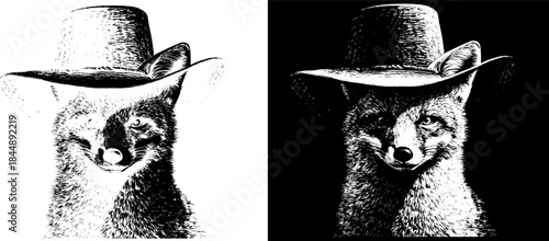 Vintage Fox in Cowboy Hat Engraving, Inverted Black White Xerography Vector on Transparent Background