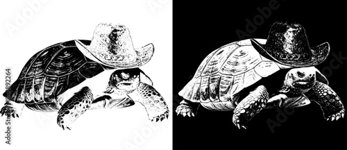 Vintage Turtle in Cowboy Hat Engraving, Inverted Black White Xerography Vector on Transparent Background