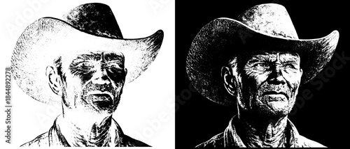 Vintage Cowboy Portrait Engraving, Inverted Black White Xerography Vector on Transparent Background
