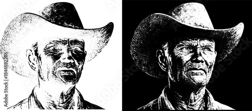 Vintage Cowboy Portrait Engraving, Inverted Black White Xerography Vector on Transparent Background