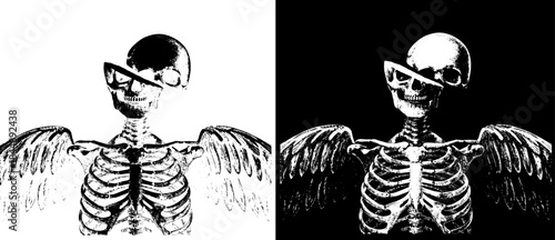 Vintage Winged Skeleton with Halo Engraving, Inverted Black White Xerography Vector on Transparent Background