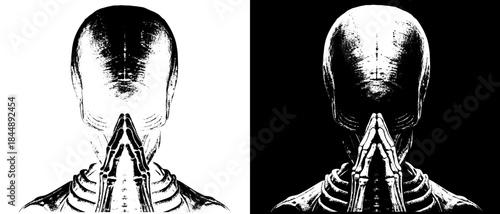 Vintage Praying Skeleton Engraving, Inverted Black White Xerography Vector on Transparent Background