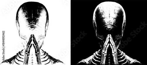 Vintage Praying Skeleton Engraving, Inverted Black White Xerography Vector on Transparent Background