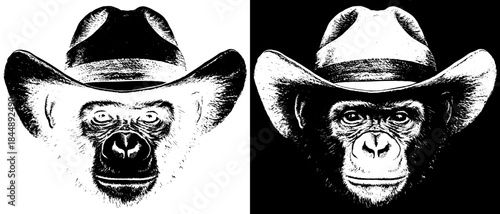 Vintage Monkey in Cowboy Hat Engraving, Inverted Black White Xerography Vector on Transparent Background